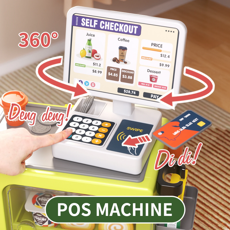Close-up of the toy register keypad, rotating checkout display and pretend card reader