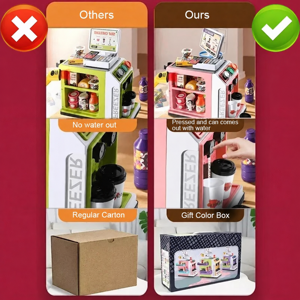 Toy checkout playsets with close-ups of the water dispenser and packaging