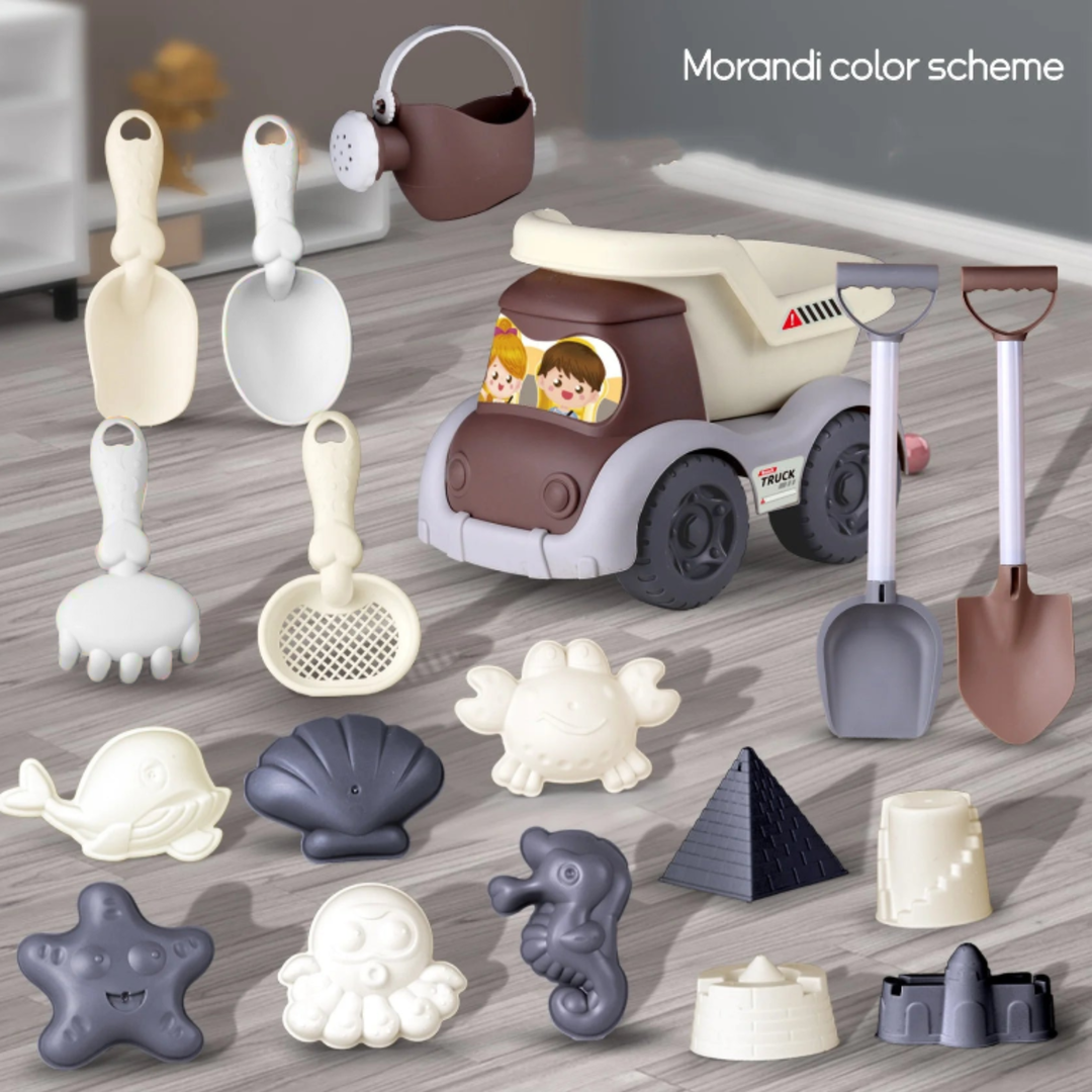 Toy dump truck and watering can with beach shovels, hand tools, and sea-creature molds