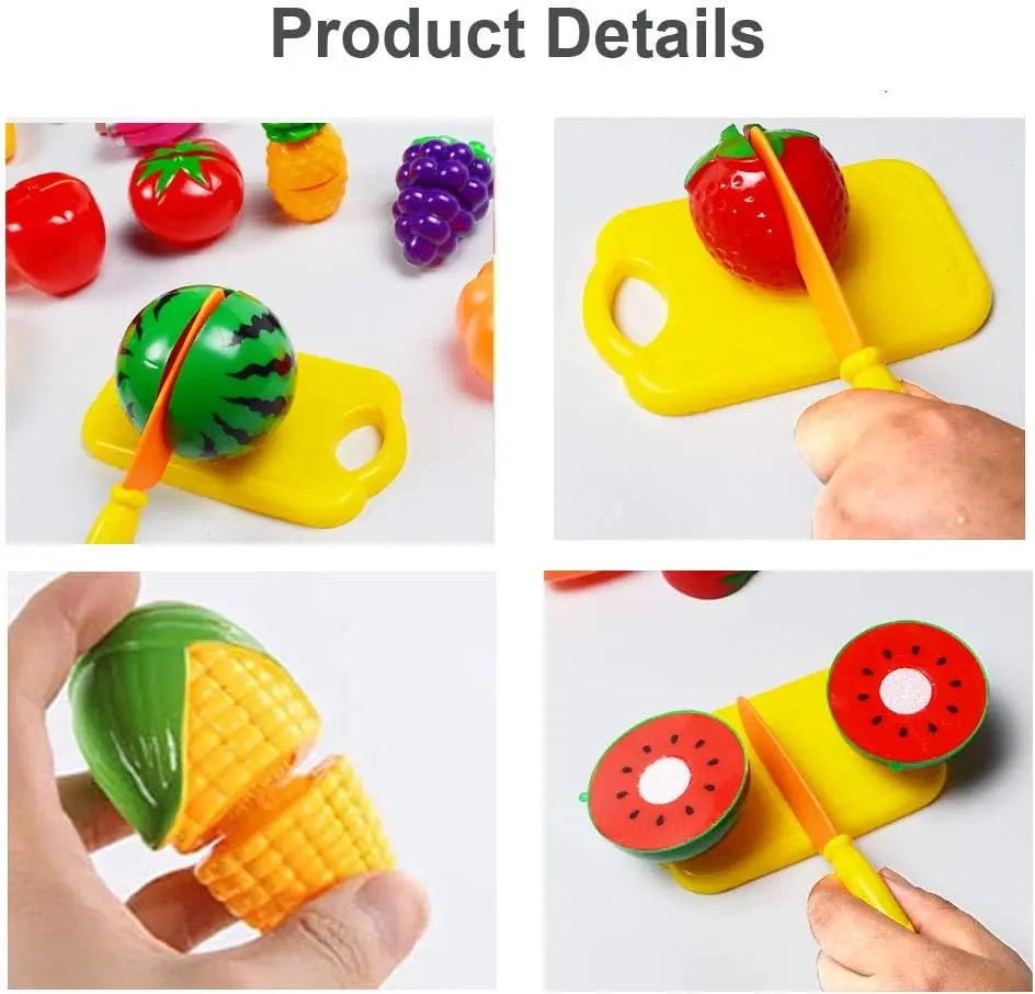 Hands separating toy corn and cutting apart toy watermelon and strawberry on a yellow board