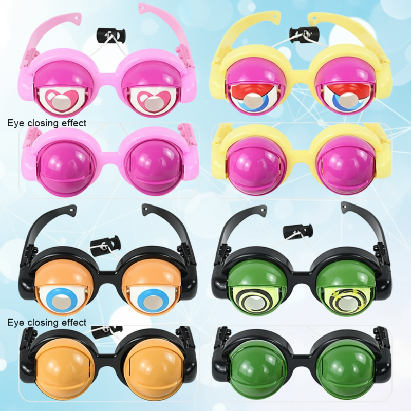 Four styles of toy glasses showing their eyelids open and closed