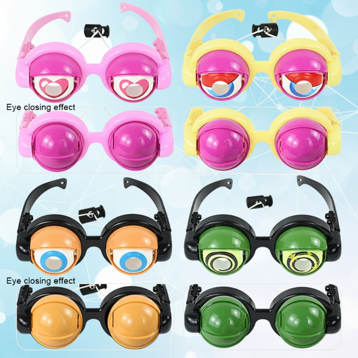 Four styles of toy glasses showing their eyelids open and closed