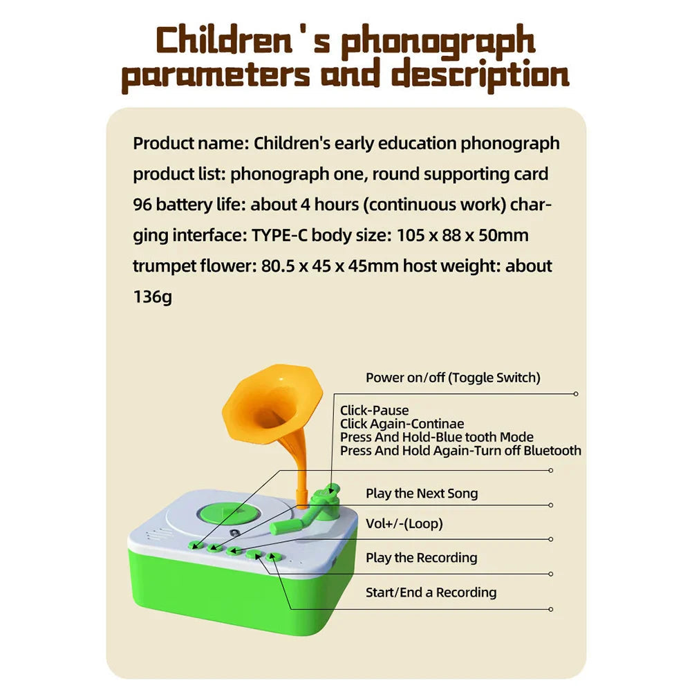 Green toy gramophone diagram showing measurements, charging information, and playback controls