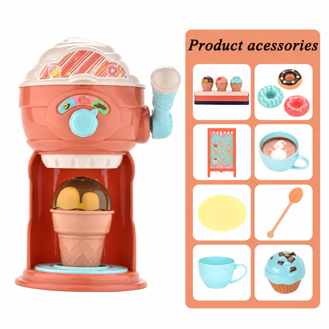 Toy ice cream maker with a cone in the serving opening and a panel showing play accessories