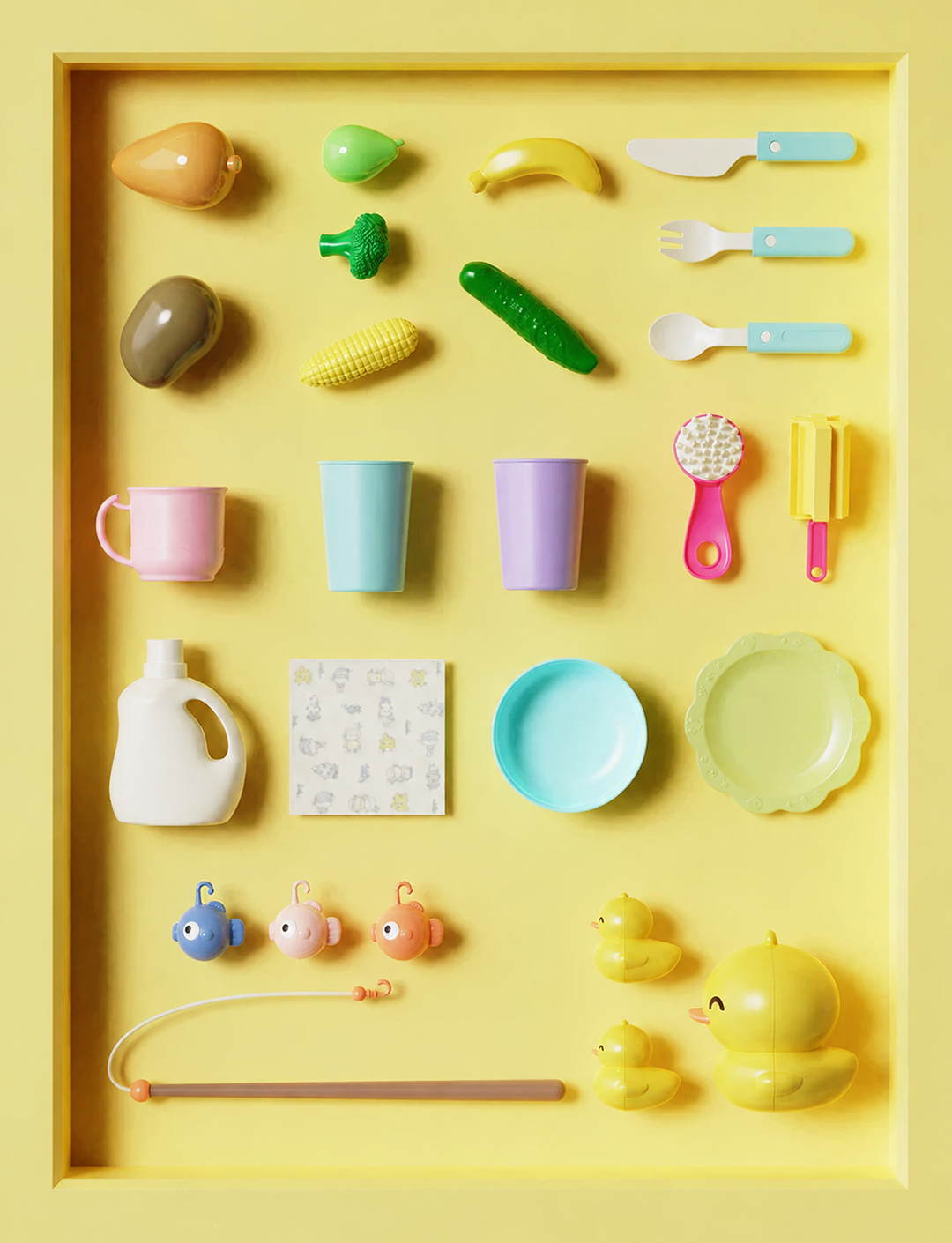 Toy food, cups, plates, utensils, fish, ducks, and a fishing rod arranged in a tray