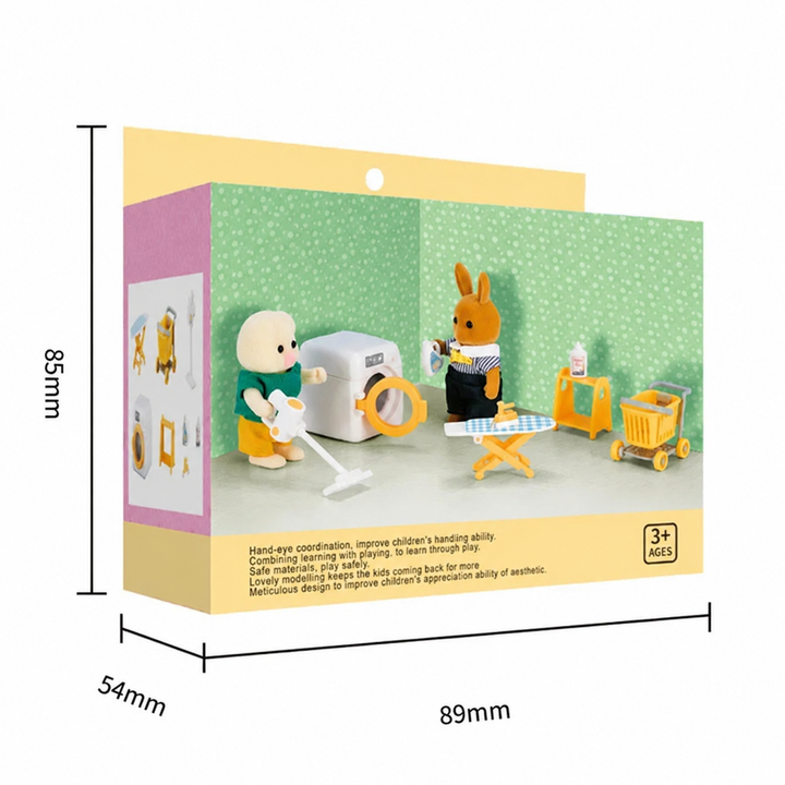 Laundry playset box measuring 89 mm wide, 54 mm deep, and 85 mm high