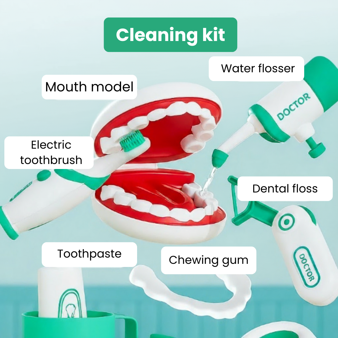 Toy mouth model with pretend toothbrush, water flosser, and dental accessories