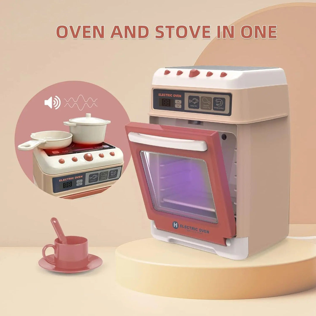 Toy oven with a stovetop, play pots, and a pink cup and saucer.