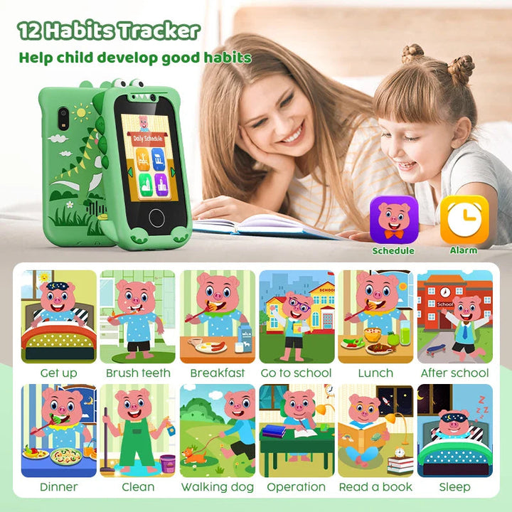 Toy phone habit tracker graphic with 12 illustrated daily routines, schedule and alarm icons