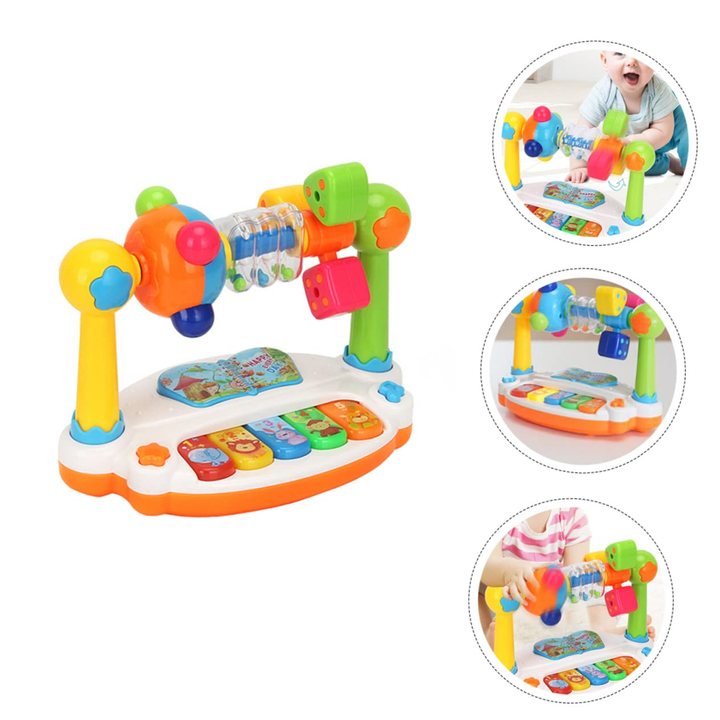 Toy piano with a rotating activity bar and inset views of children playing