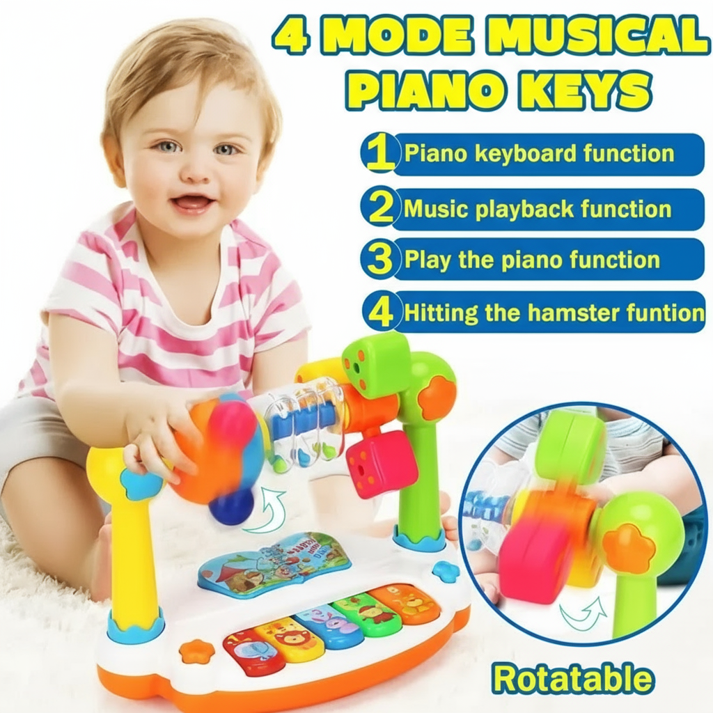 Child exploring a toy piano with rotating activities, alongside a chart of music functions