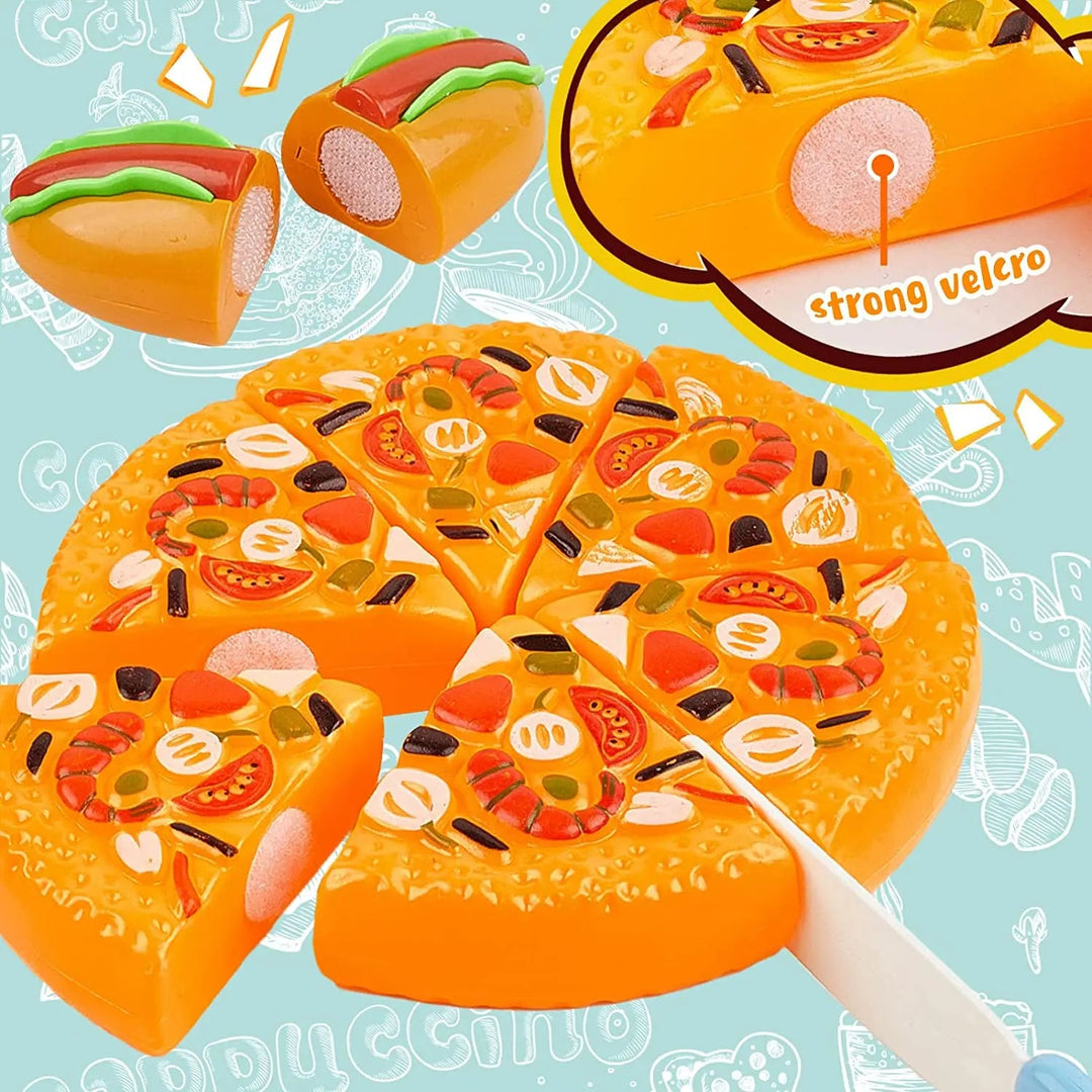 Toy pizza slices and a hot dog with close-up views of hook-and-loop connectors