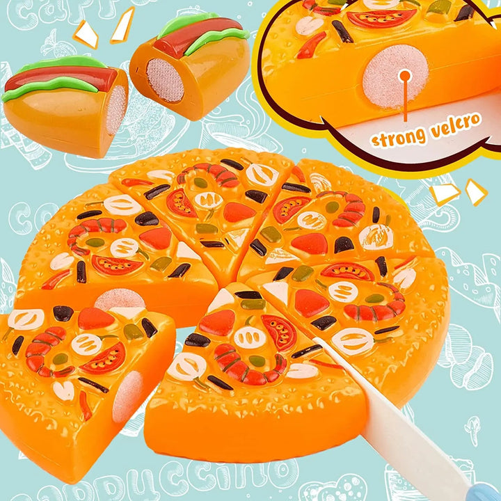 Toy pizza slices and a hot dog with close-up views of hook-and-loop connectors