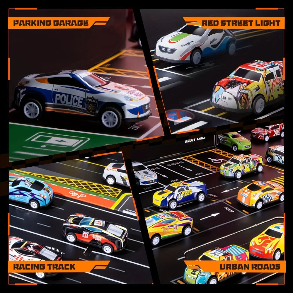 Colorful toy cars on printed parking spaces, racing lanes, and city roads