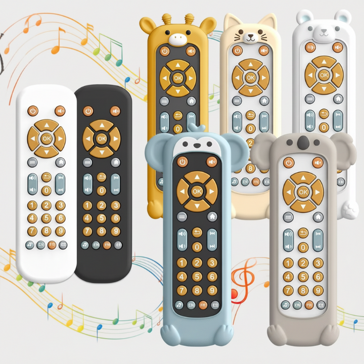 Black, white, and animal-design toy remotes with colorful buttons and musical-note graphics