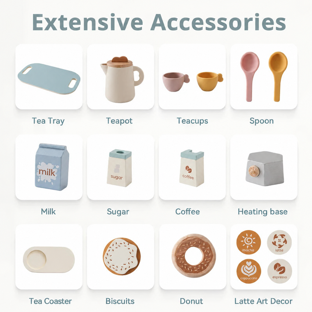 Accessory chart showing a tray, teapot, cups, spoons, pretend drinks, coasters, and play treats