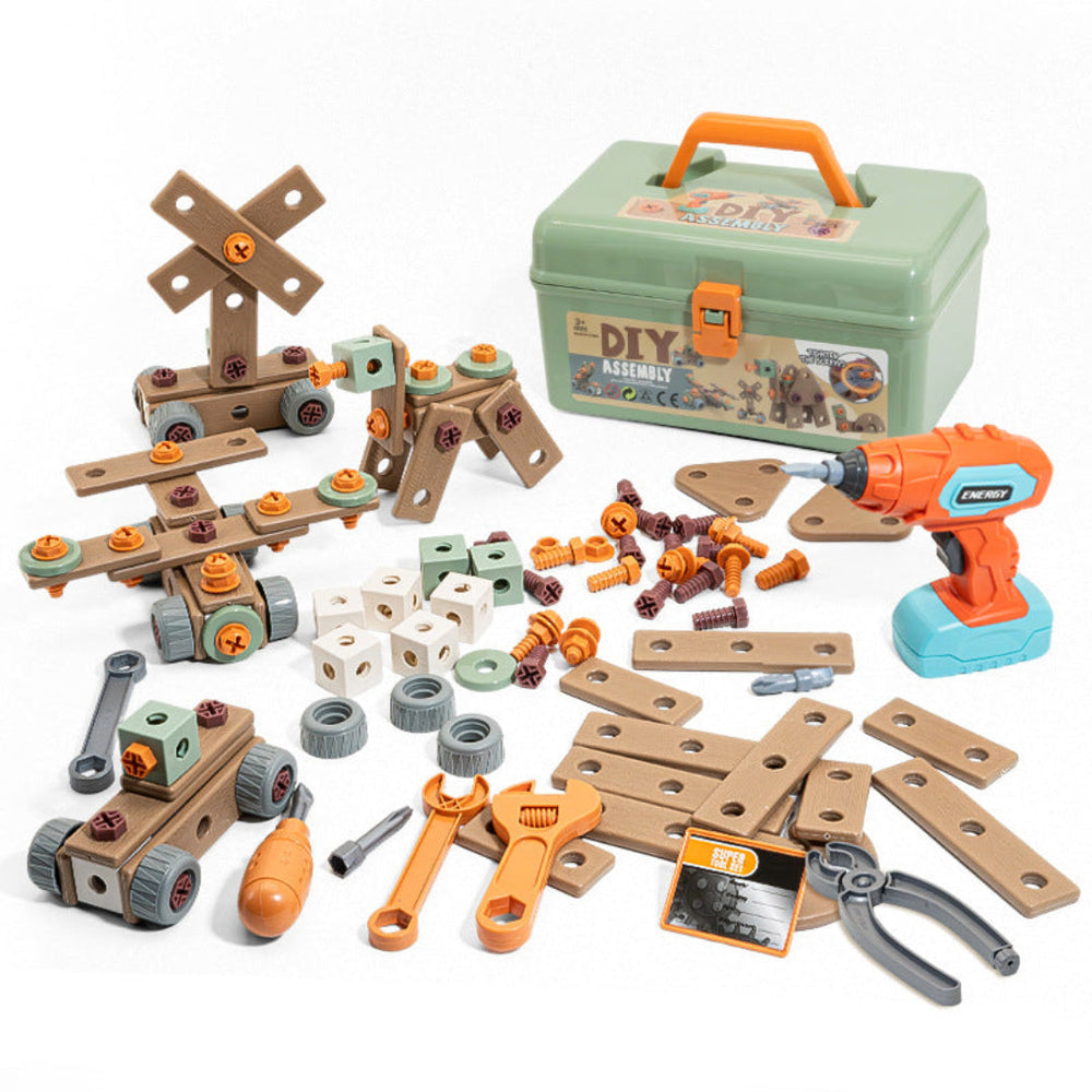 Green handled toolbox surrounded by toy tools, building strips, fasteners, and wheeled models
