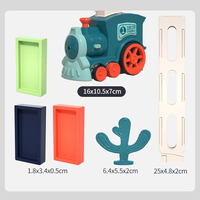 Measurements for the toy train, domino blocks, tall loading holder, and curved green accessory