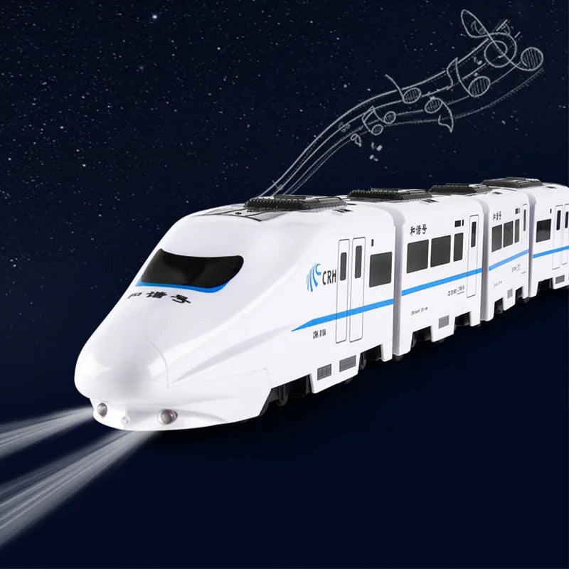 White and blue toy train with illustrated headlight beams and musical notes