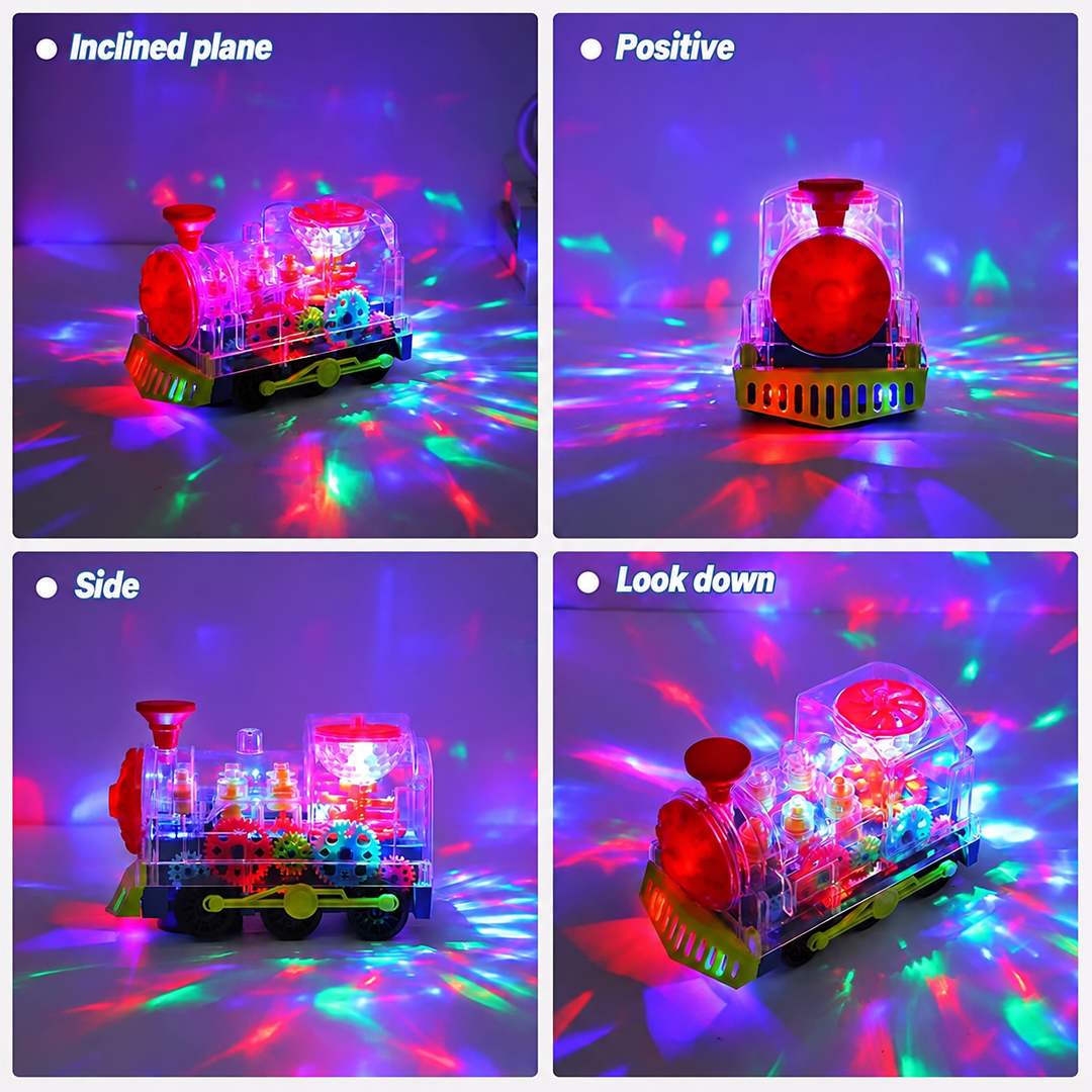 Toy train shown from four angles with multicolored lights shining across the surrounding floor.