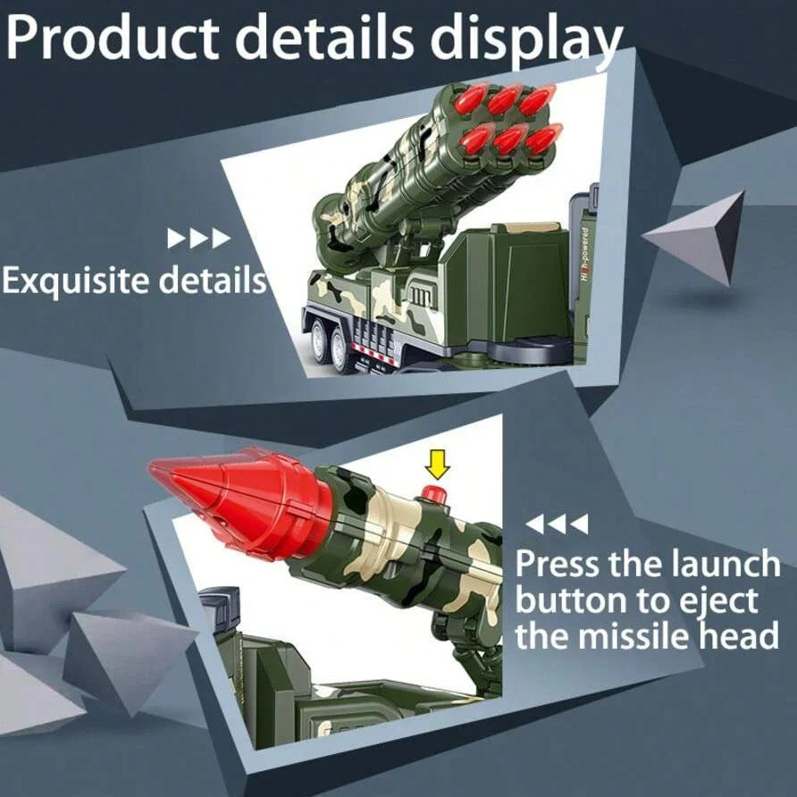Detail views of a camouflage rocket launcher and a red missile tip with a release button.