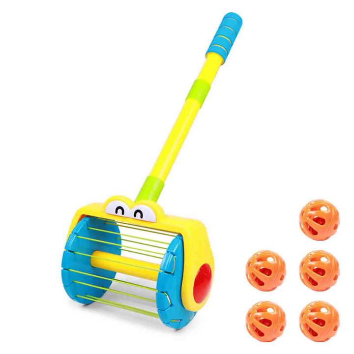 Yellow and blue toy vacuum with five orange balls