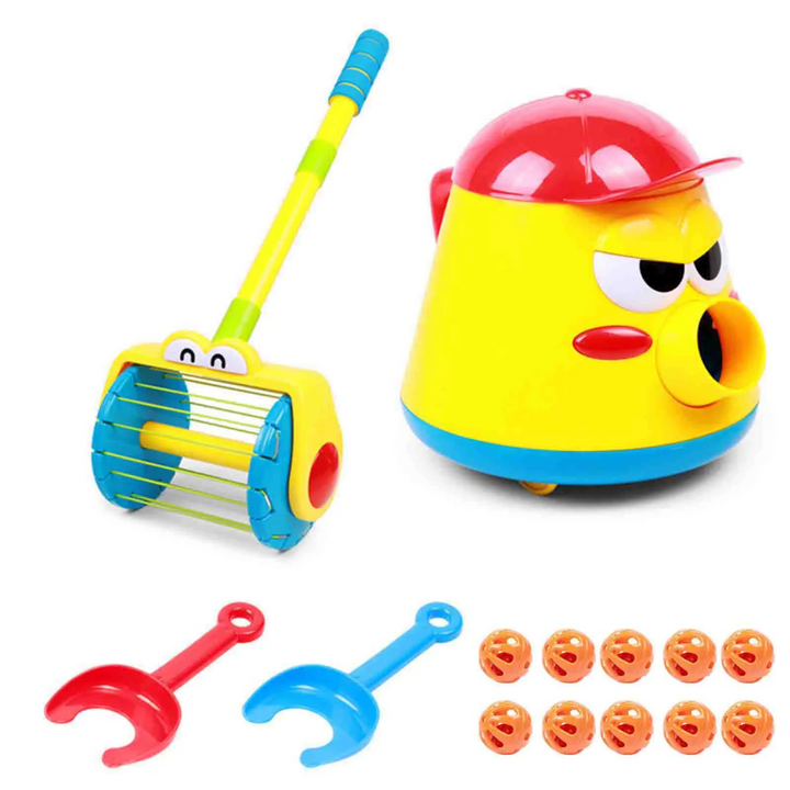 Toy vacuum and ball launcher with two scoops and ten orange balls