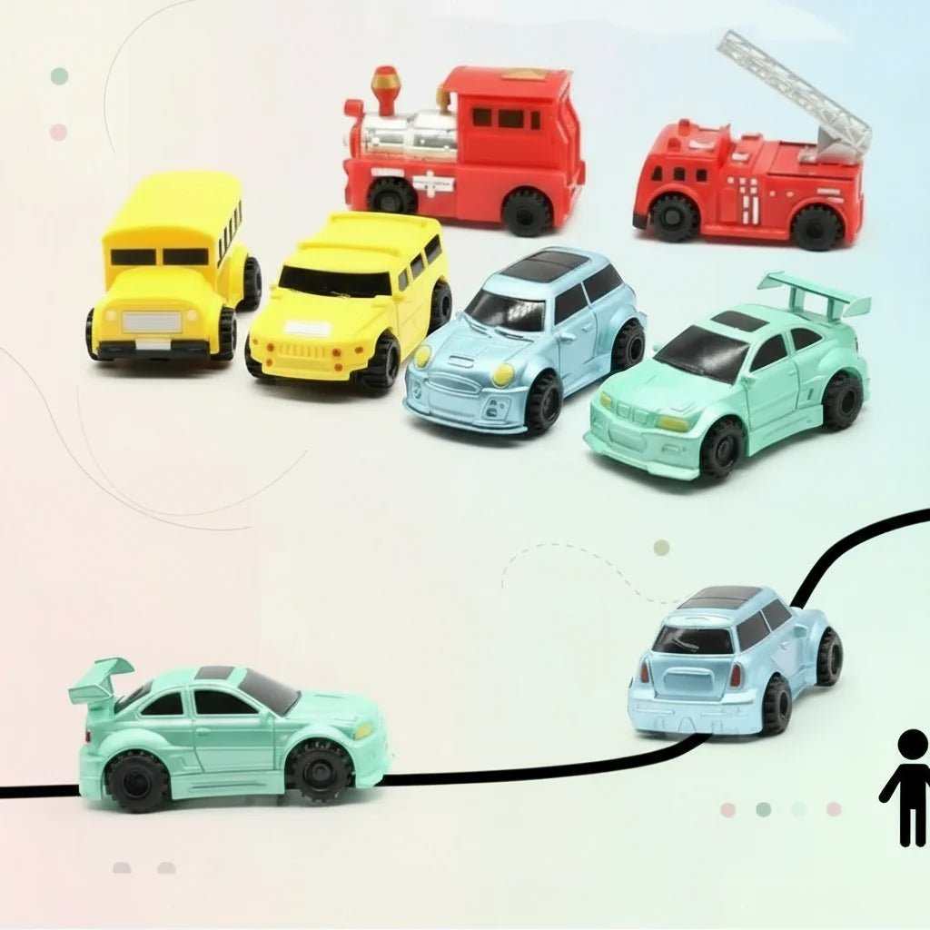 Car, bus, train, and fire truck toy styles displayed above a curved black track