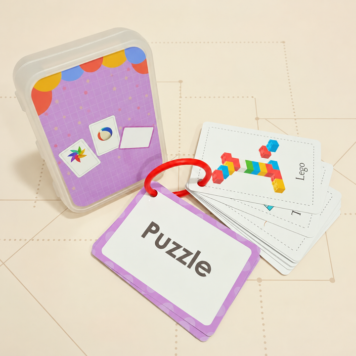 Toy flash cards showing puzzle and building block examples, with a ring and storage case.