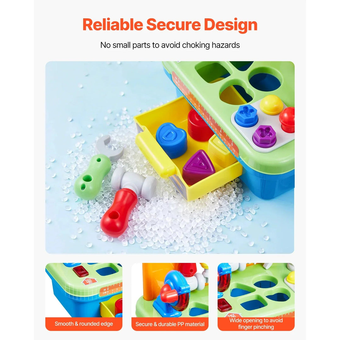 Close-up views of the toy workbench, open drawer, pretend tools and shape-sorting openings