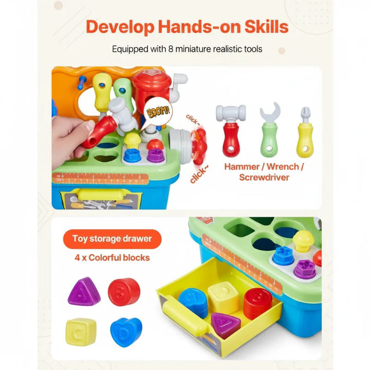 Toy workbench with a hammer, wrench, screwdriver, four sorting blocks and an open storage drawer
