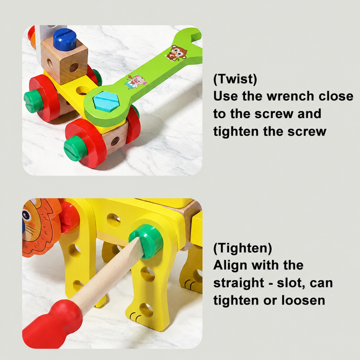 Toy wrench and screwdriver demonstrating how to turn fasteners on wooden construction models