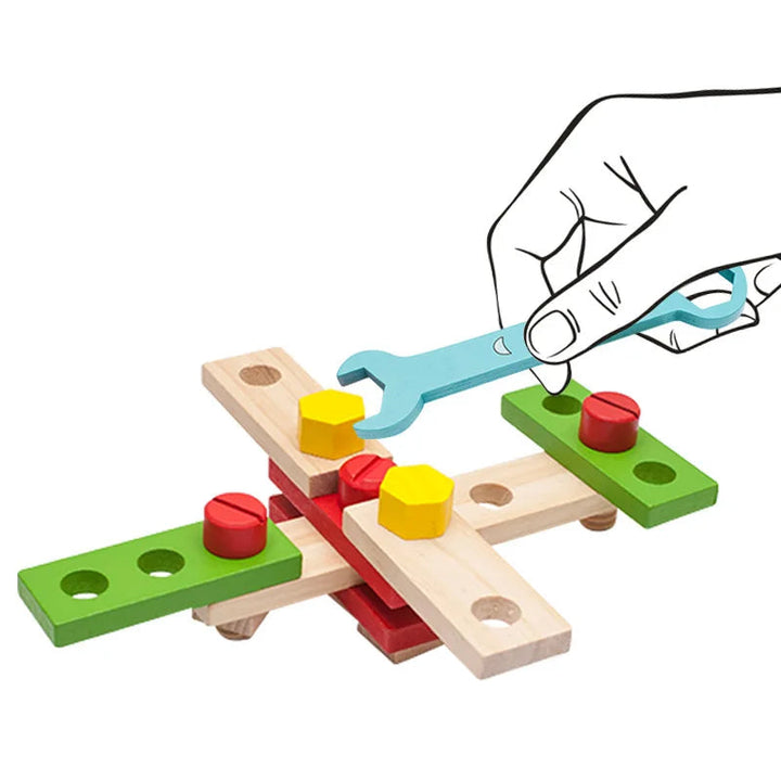 Illustration of a toy wrench turning a yellow nut on connected wooden building pieces