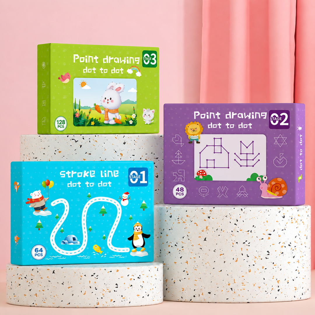 Three tracing and dot-drawing workbook levels displayed in blue, purple, and green boxes.