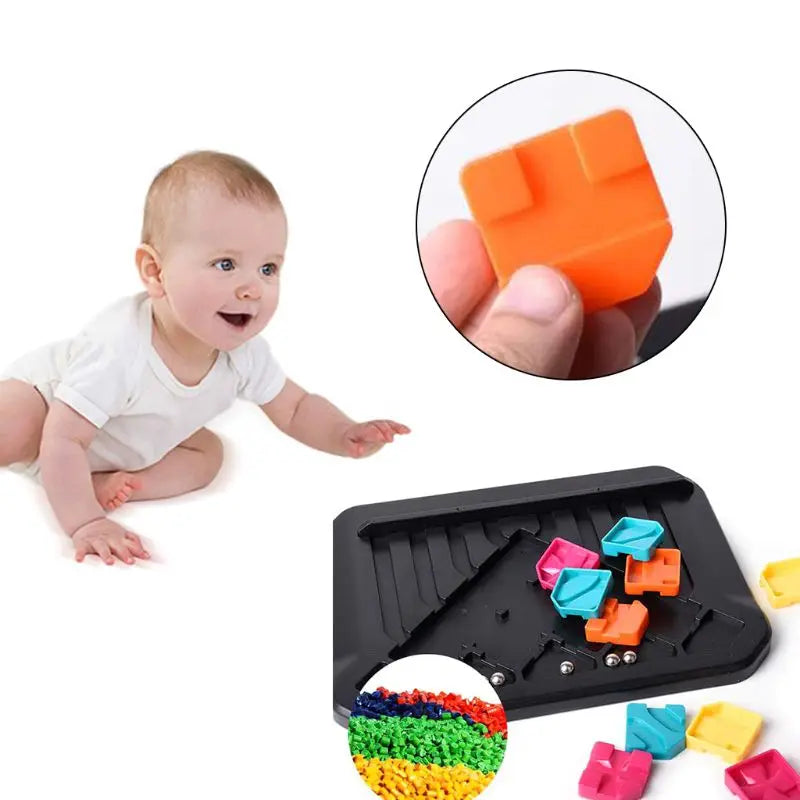 Puzzle board and colorful pieces with an orange piece close-up and a baby in the collage