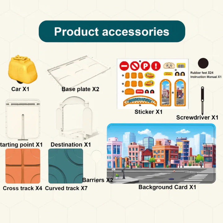 Included car, track pieces, base plates, road signs, backdrop card, stickers, and assembly accessories
