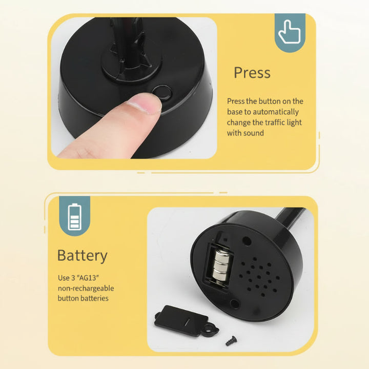 Traffic-light base showing its control button and AG13 button-cell battery compartment.