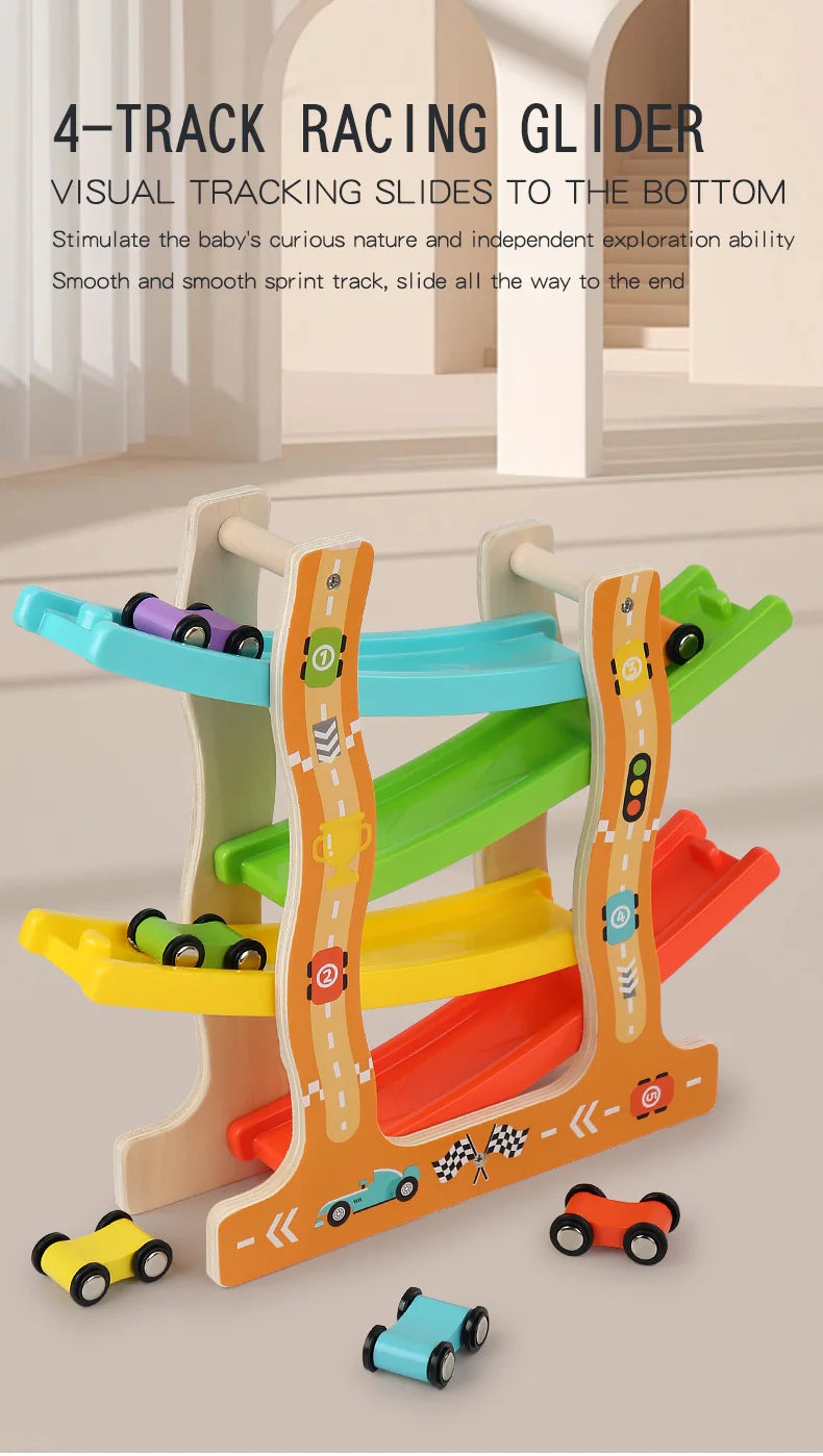 Traffic wooden ramp racer shown with four sloping tracks and cars at the base
