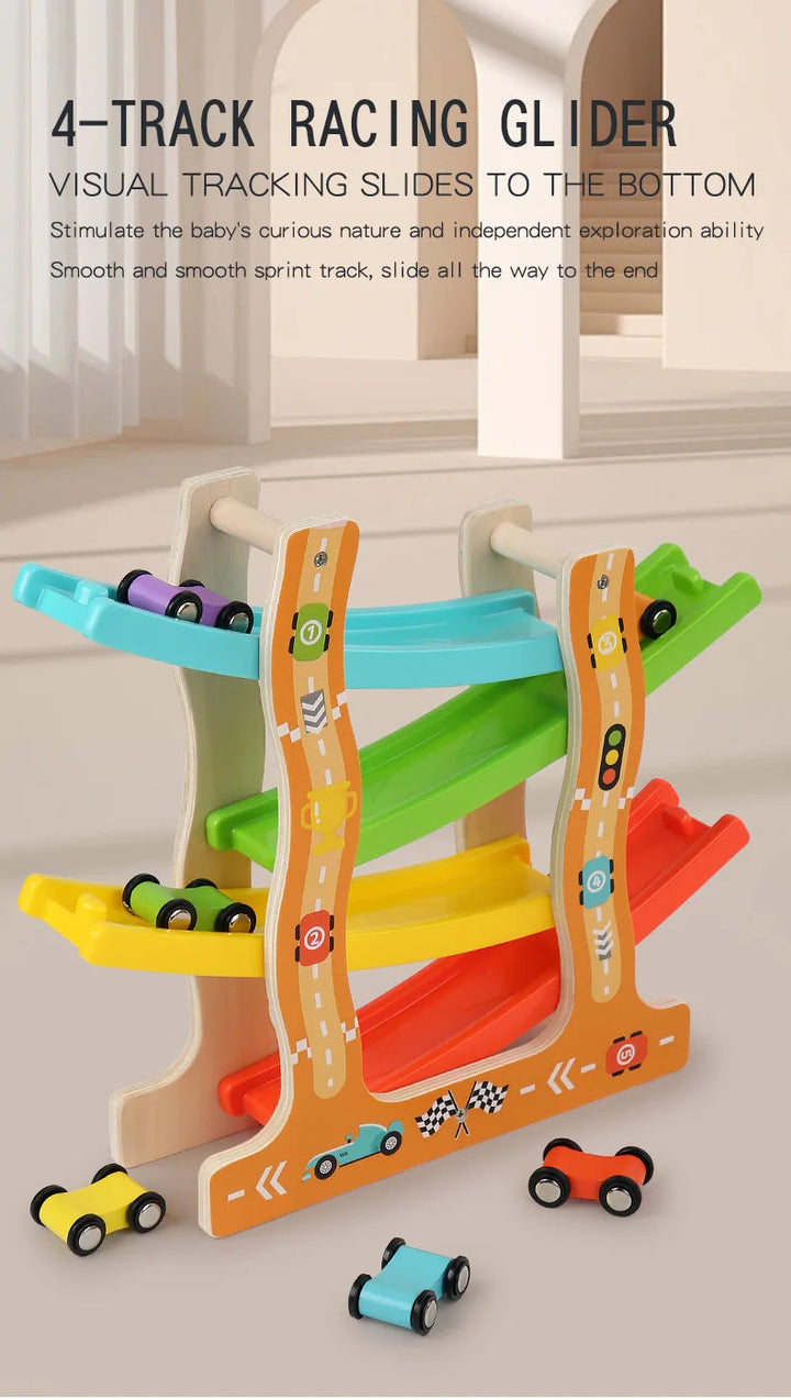 Traffic wooden ramp racer shown with four sloping tracks and cars at the base