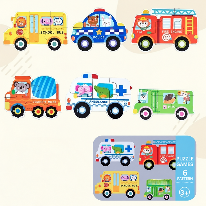 Six vehicle puzzles, including a school bus and fire engine, with a traffic-themed tin