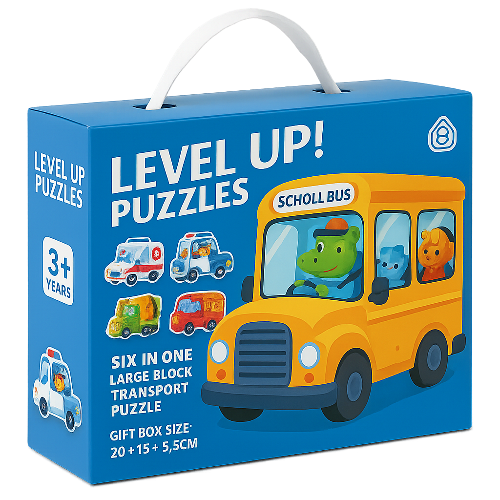 Blue traffic puzzle carry box featuring a school bus and other vehicles