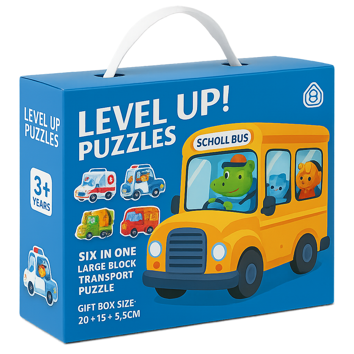 Blue traffic puzzle carry box featuring a school bus and other vehicles