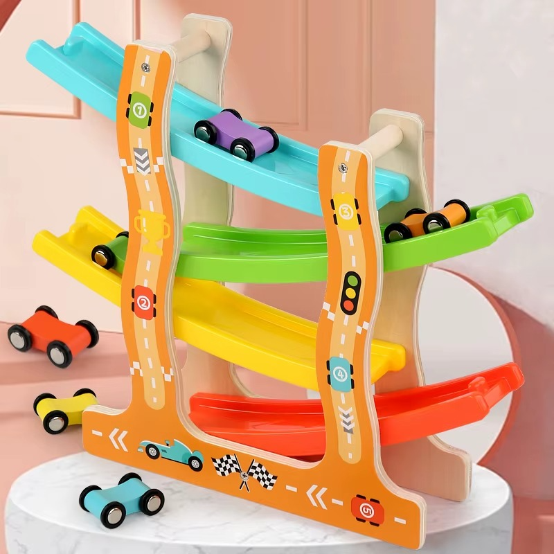 Traffic-themed wooden ramp racer with four colorful ramps and small cars