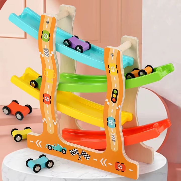 Traffic-themed wooden ramp racer with four colorful ramps and small cars