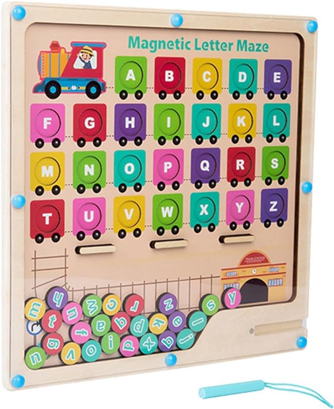 Train-themed alphabet board with letter pieces and a turquoise magnetic stylus