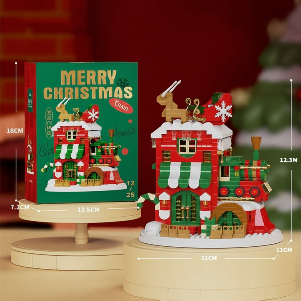 Christmas train-themed block building with model and box dimensions