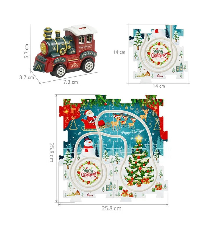 Dimensions for the toy train, individual puzzle tile, and 25.8 cm square layout