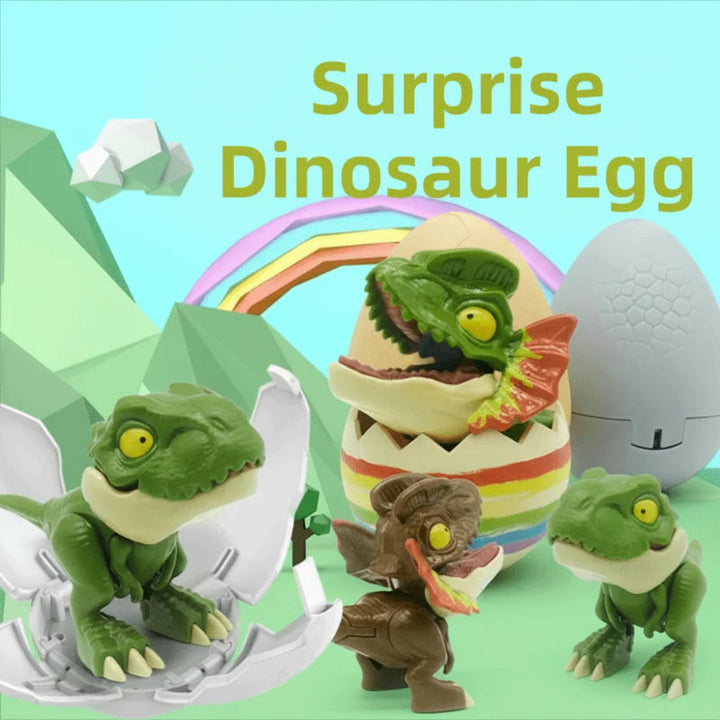 Dinosaur egg toys displayed with open shells, dinosaur figures, and closed eggs