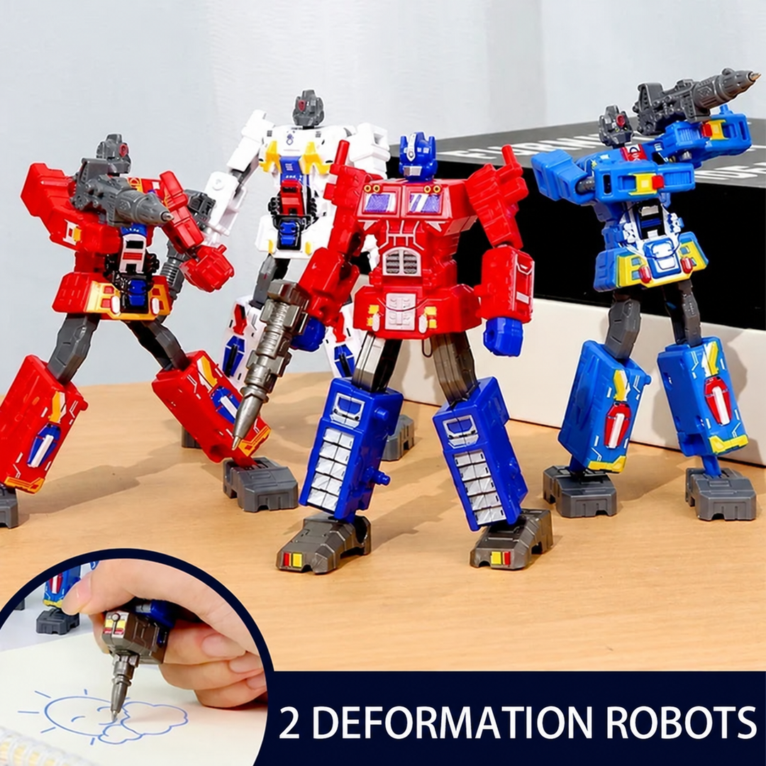 Red, blue, white, and red-blue robot pens in robot form, with a writing close-up