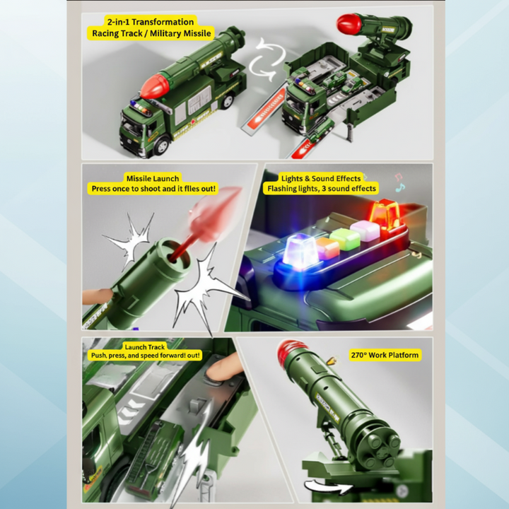 Toy truck feature collage showing transformation, rocket launch, vehicle tracks, lights, and sound